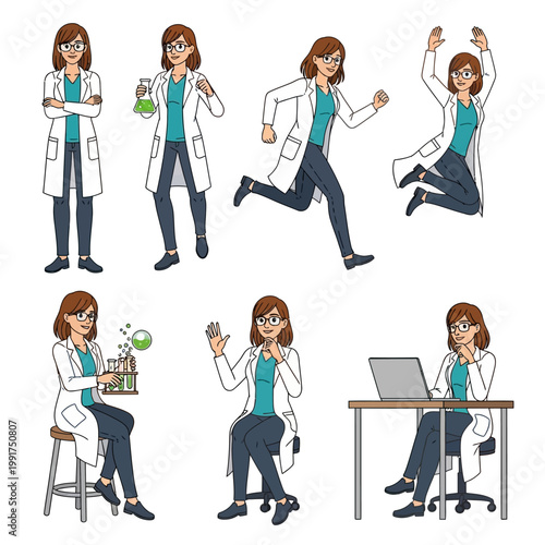 Woman scientist in lab coat performing various actions.