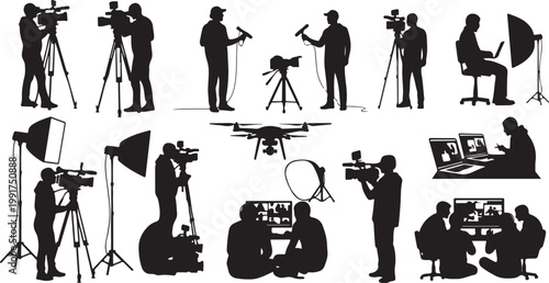 Film crew silhouettes working on movie set equipment production