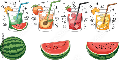 Fresh fruit juice vector illustration set with watermelon melon peach raspberry and citrus drinks in glass cups with ice