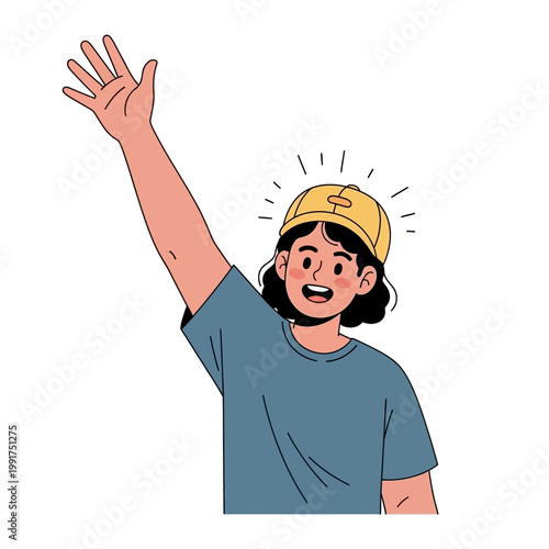 Young person in yellow cap waving hello enthusiastically.