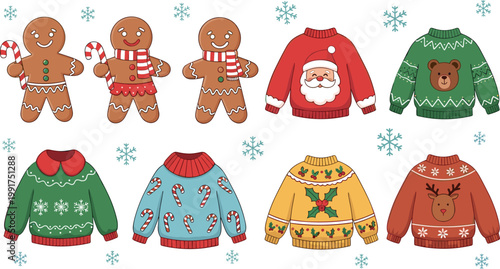 Christmas-Themed Gingerbread Cookies and Cozy Sweaters, Fun Holiday Illustrations for Winter