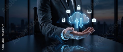 Digital data exchange action corporate office infographic content modern environment close-up view cloud computing concept for enhanced security and efficiency