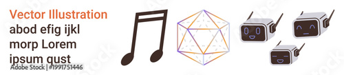 Technology design, digital art, creative media, modern innovation, futuristic concepts, music. Musical note, geometric shape and robot faces combined. Technology design and digital art concept