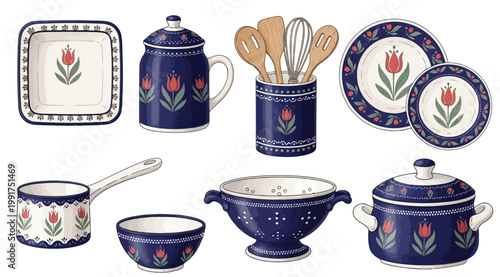 Set of kitchenware with blue floral tulip pattern