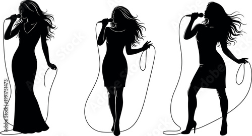 Female singer silhouettes vector set with microphone performance poses elegant women singing music concert illustration collection