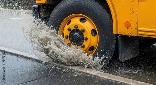 School bus driving through puddle splashing water on wet road. Close-up of yellow bus tire creating splash as it navigates rainy street. Dynamic scene of school bus demonstrating vehicular movement.