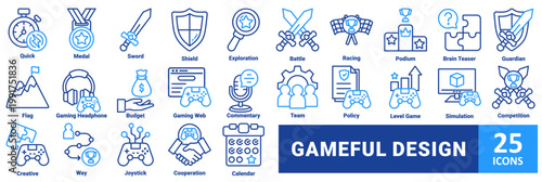 Gameful Design icon set. with icons quick, medal, sword, shield, exploration, battle, racing, podium, brain teaser, guardian, flag, gaming headphone, budget, gaming web, commentary, team management 