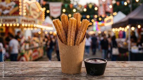 Churros with Chocolate Dip at a Lively Outdoor Festival