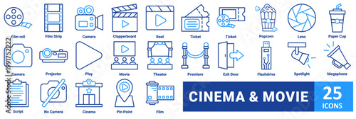 Cinema and movie icon set. with icon film roll, film strip, camera, clapperboard, reel, ticket, ticket, popcorn, lens, paper cup, camera, projector, play, movie, theater, premiere, exit door 