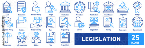 Legislation icon set. with icon audit, document, privacy policy, judge, institution, procedure, retribution, courthouse, judgment, badge, monetary policy, archive, responsibility, rule, regulatory 