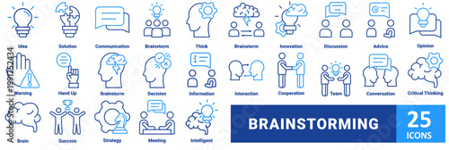 Brainstorming icon set. with icon idea, solution, communication, brainstorm, think, brainstorm, innovation, discussion, advice, opinion, warning, hand up, brainstorm, decision, information 