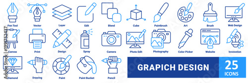 Grapich design icon set. with icon pen tool, vector, layer, edit, blend, cube, paintbrush, art, brush, web design, canvas, print, design, spray, camera, photo edit, photography, color picker 