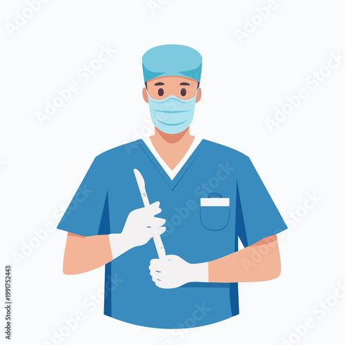 Surgeon in scrubs holding a scalpel