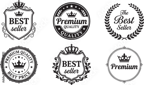 Premium quality vintage badge collection featuring best seller best price and luxury crown insignias cad drawing flat vector illustration for commercial stock designs.