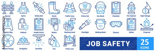 Job safety icon set. with icon barrier, apron, safety belt, boots, traffic cone, police hat, gas mask, checklist, fire hydrant, high voltage, caution sign, padlock, health check, button, washing hand 
