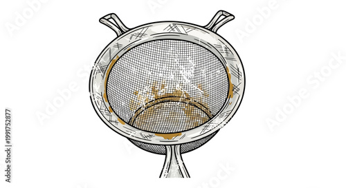 Vintage tea strainer with used tea leaves, isolated on white background.
