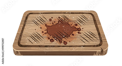 Wooden cutting board with meat juice stain and knife marks