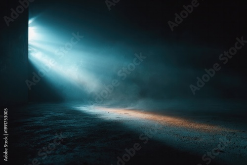 Light rays streaming through dark underground tunnel