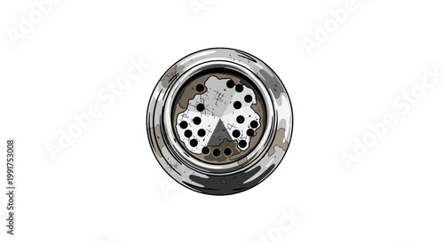 Close-up of a metal shower head with water spray holes on white background