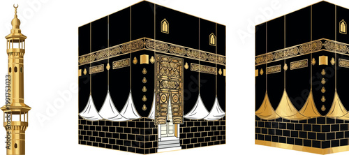 Kaaba and minaret vector illustration with detailed Islamic architecture black and gold sacred mosque design collection set