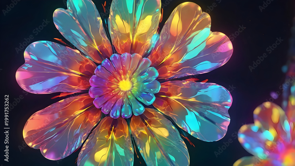 Obraz premium abstract flower background, Futuristic hologram floral pattern transparent glowing petals with rainbow refraction digital style