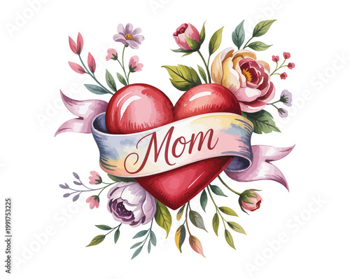 Happy Mother’s Day Watercolor Vector Illustration, Floral Greeting Card Design, Love and Family Celebration Isolated on White Background