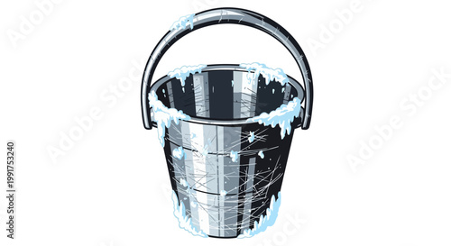 Frozen metal bucket with ice and snow, isolated on white background