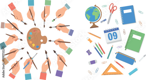 Creative teamwork painting concept vector with hands holding brushes palette and school supplies art collaboration illustration set