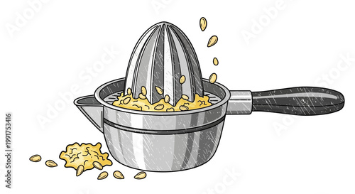 Metal citrus juicer with lemon pulp and seeds, isolated on white background