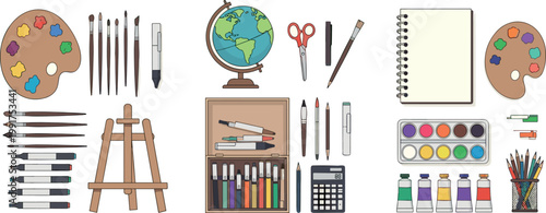 Art supplies vector collection with paint palette brushes easel globe notebook and creative tools illustration set