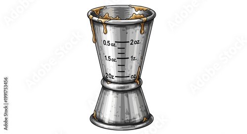 Metal cocktail jigger with liquid drips, measuring tool for bar