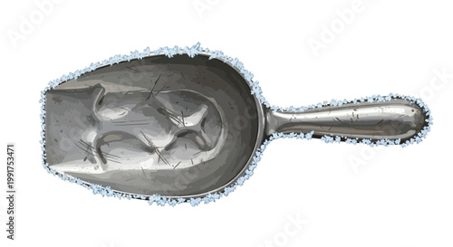 Metal ice scoop with frosty rim on white background