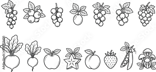 Hand Drawn Fruit and Vegetable Outline Icon Set with Grapes, Apple, Strawberry, Mushroom, Peas, and Root Vegetables for Organic Food Design