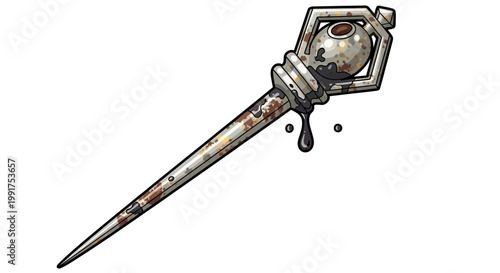 Rusty metal staff with dripping liquid, isolated on white background.