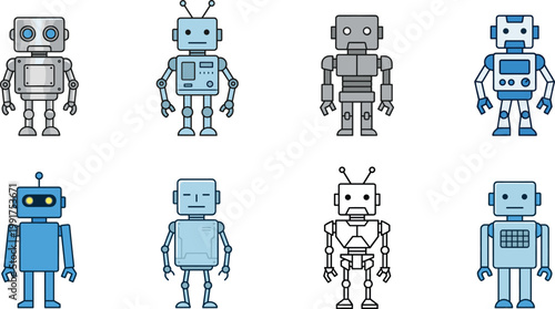Robot Character Illustration Set with Cute AI Bots, Android Machines, and Futuristic Technology Designs for Robotics, Automation, and Digital Innovation