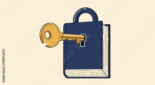 A vintage book locked with a golden key representing hidden knowledge and secrets.