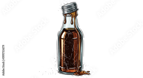 Small glass bottle with dark liquid and metallic cap, isolated on white