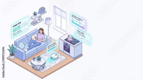 Isometric smart home illustration Woman relaxes in modern living room with automation and connected devices for comfortable, efficient lifestyle