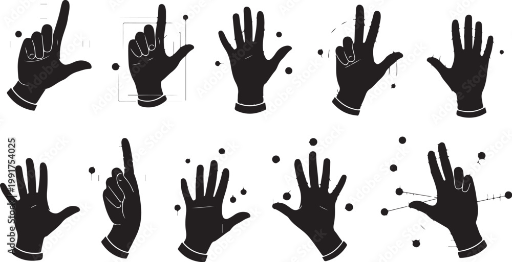 Fototapeta premium Various hand gestures in black silhouette on white background
