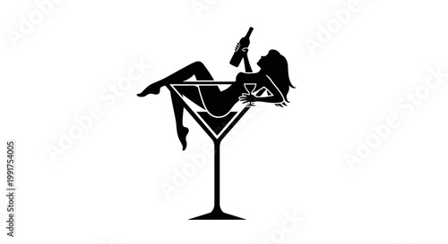 Silhouette Of A Woman Relaxing In A Martini Glass With Wine Bottle