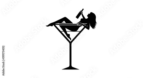 Silhouette Of Woman Relaxing In Martini Glass With Wine Bottle