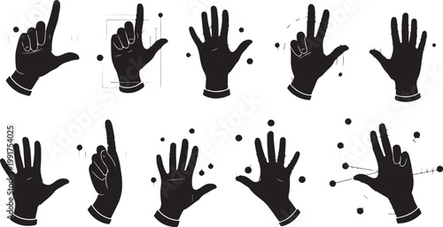 Various hand gestures in black silhouette on white background