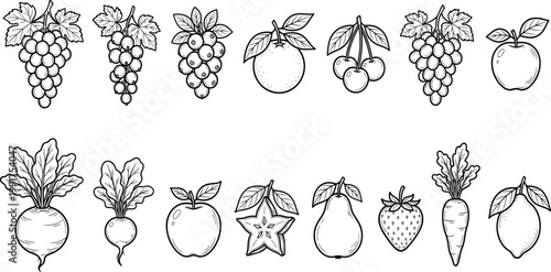 Hand Drawn Fruit and Vegetable Outline Icon Set with Grapes, Orange, Cherry, Apple, Pear, Strawberry, Carrot, and Root Vegetables for Organic Food Design