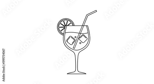 Simple Outline Drawing of a Cocktail with Lemon and Ice