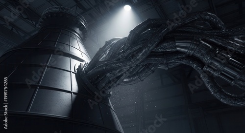 Futuristic machinery with robotic tentacles and industrial design in darkened warehouse. Complex machinery features intertwining cables and modern technology,