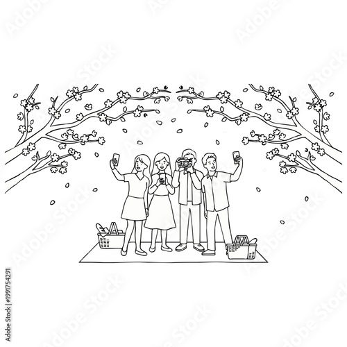 A group of friends enjoying a picnic under blooming cherry blossom trees and taking photos together with their phones and camera.