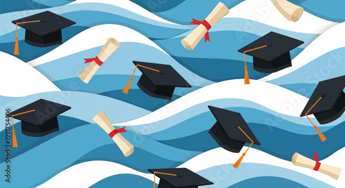 Graduation mortarboard caps and rolled diplomas pattern.