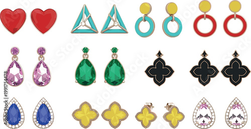 Colorful earrings vector collection with hearts triangles hoops gemstones and modern fashion jewelry accessories illustration set