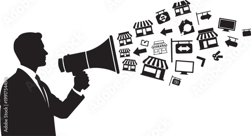  Businessman with megaphone shouting marketing messages and retail shop icons silhouette.