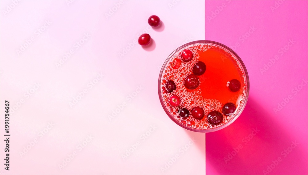 Fototapeta premium Cranberry Beverage Garnished with Fresh Cranberries and Rosemary on Pink Gradient Background Highlighting Vibrant Freshness